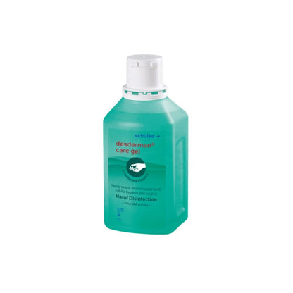 Egy 500 ml-es átlátszó Schülke desderman® Pflegegel palack, zöld címkével és pattintható kupakkal a Schülke & Mayr GmbH-tól, higiénikus és sebészeti kézfertőtlenítést biztosít.