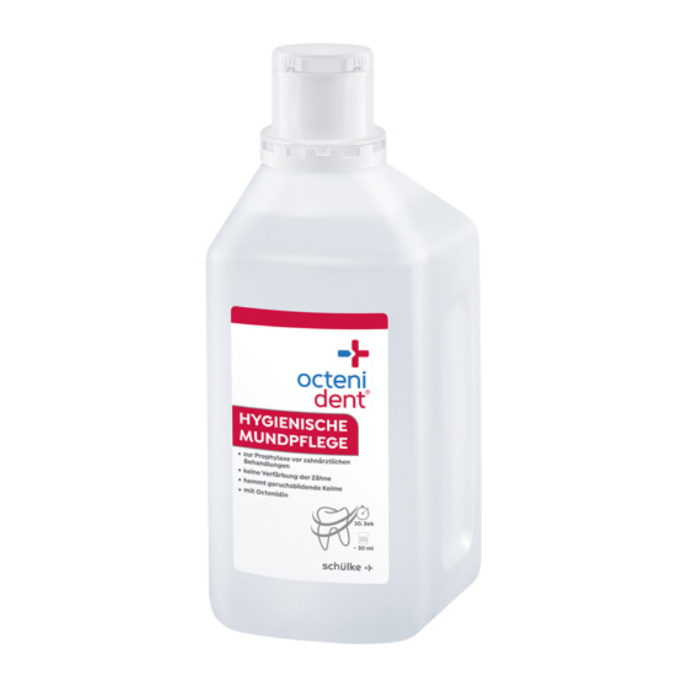 Egy Octenident® szájvíz flakon a Schülke & Mayr GmbH-tól, német nyelvű címkékkel, amelyek a higiénikus szájápolásra utalnak. A flakon átlátszó, világoskék folyadékot tartalmaz, és fehér címkével rendelkezik piros és kék díszítésekkel.