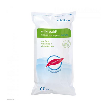 Egy csomag „Schülke Mikrozid® sensitive wipes jumbo” felülettisztításhoz és fertőtlenítéshez, alkoholmentesként és orvosi eszközökhöz alkalmasként megjelölve. A csomagolás fehér, zöld és kék akcentusokkal. Márka: Schülke & Mayr GmbH