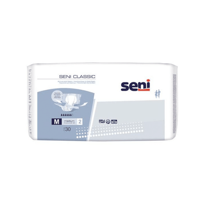 Egy 30 darabos csomag Seni Classic inkontinencia nadrág, S-L méret TZMO Deutschland GmbH-tól. Fehér/világoskék csomagolás termékinformációkkal és ábrákkal; ideális hólyaggyengeség esetén a megbízható szuperabszorbens technológiának köszönhetően.
