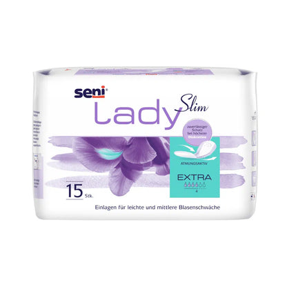 Seni Lady Slim Extra inkontinencia betét a TZMO Deutschland GmbH-tól: 15 darabos csomag, lila-virágos design, német felirat, hangsúlyozott viselési kényelem. Ideális enyhe vagy közepes hólyaggyengeség esetén.