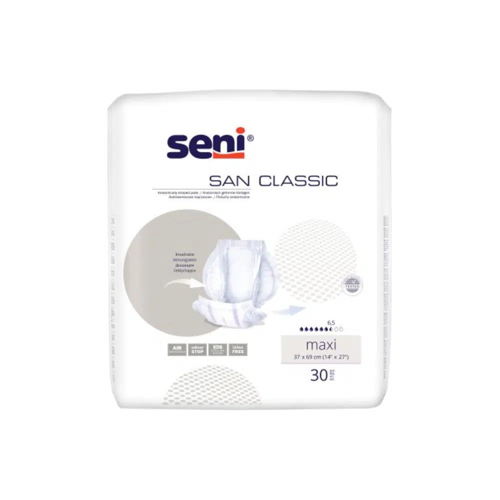 San Seni Classic Maxi inkontinenciabetét a TZMO Deutschland GmbH-tól – 30 darabos csomag hólyaggyengeségre, biztonságos szivárgásvédelemmel. Termék részletei és logó fehér csomagoláson.