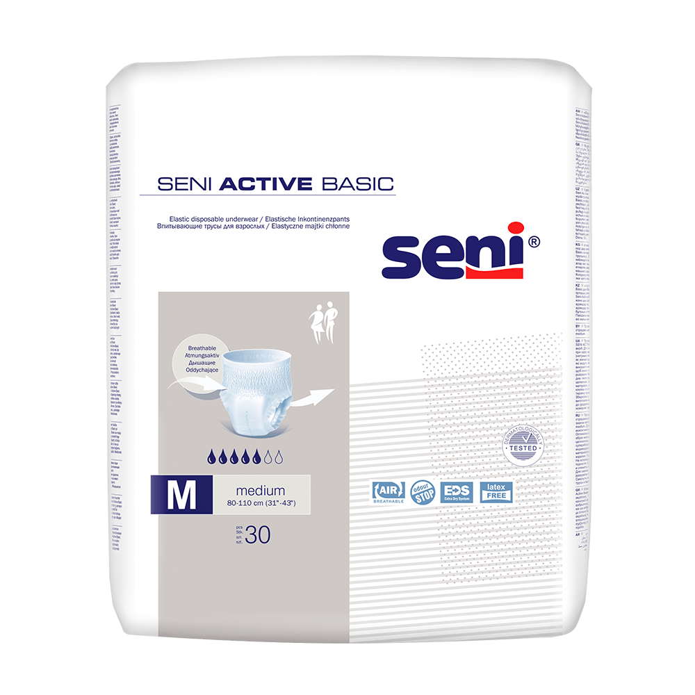 Egy 30 darabos Seni Active Basic inkontinencia nadrág csomag M-XL méretben a TZMO Deutschland GmbH-tól. A túlnyomórészt fehér csomagolás kék és szürke szöveget, pelenka képet és termékinformációkat tartalmaz. Alkalmas 60-110 cm derékbőséghez.