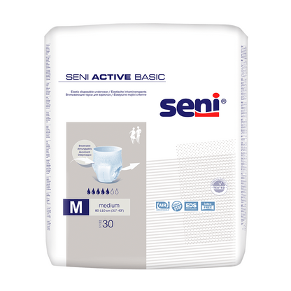 Egy 30 darabos Seni Active Basic inkontinencia nadrág csomag M-XL méretben a TZMO Deutschland GmbH-tól. A túlnyomórészt fehér csomagolás kék és szürke szöveget, pelenka képet és termékinformációkat tartalmaz. Alkalmas 60-110 cm derékbőséghez.