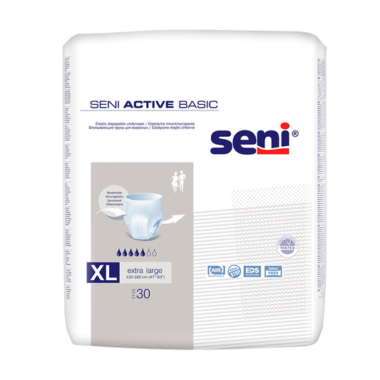 Eine 30er-Packung Seni Active Basic Inkontinenzpants (Größe XL, 130-150 cm) der TZMO Deutschland GmbH kommt in einer weißen Verpackung mit blauen und grauen Akzenten und mehrsprachigen Produktdetails.