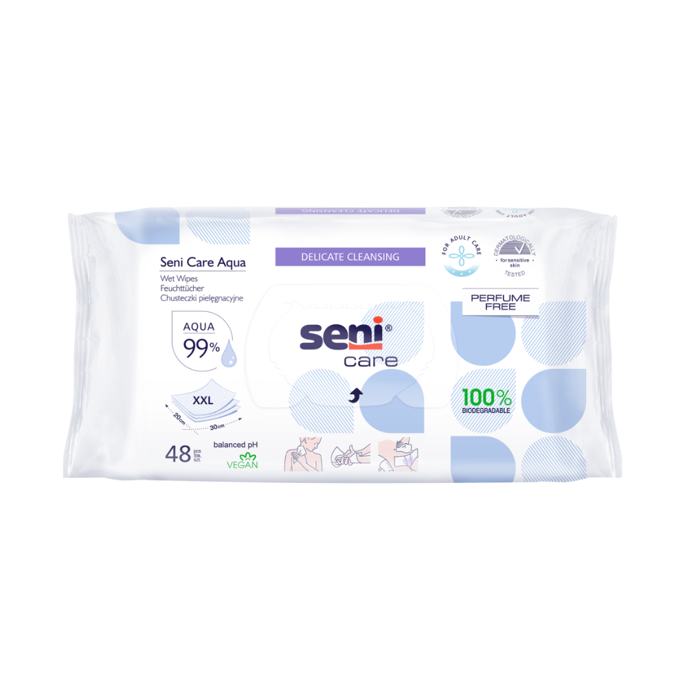 A képen egy Seni Care Aqua nedves törlőkendő csomag látható | Csomag (48 darab) a TZMO Deutschland GmbH-tól. A csomag túlnyomórészt fehér kék akcentusokkal, ami arra utal, hogy 99%-ban Aqua-t tartalmaznak és XXL méretűek. A törlőkendők illatmentesek, vegánok, kiegyensúlyozott pH-értékűek és 100%-ban biológiailag lebomlóak, tökéletesek érzékeny bőrre. A csomag 48 törlőkendőt tartalmaz.
