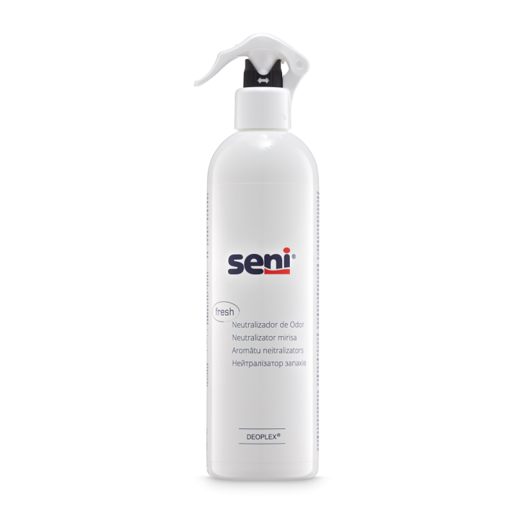 A Seni Care szagtalanító a TZMO Deutschland GmbH-tól egy 500 ml-es flakon szórófejjel, amely kellemes illatkörnyezetet biztosít. Többnyelvű szöveggel és a DEOPEX+ logóval van ellátva, és hatékonyan semlegesíti a szagokat a helyiségeiben.