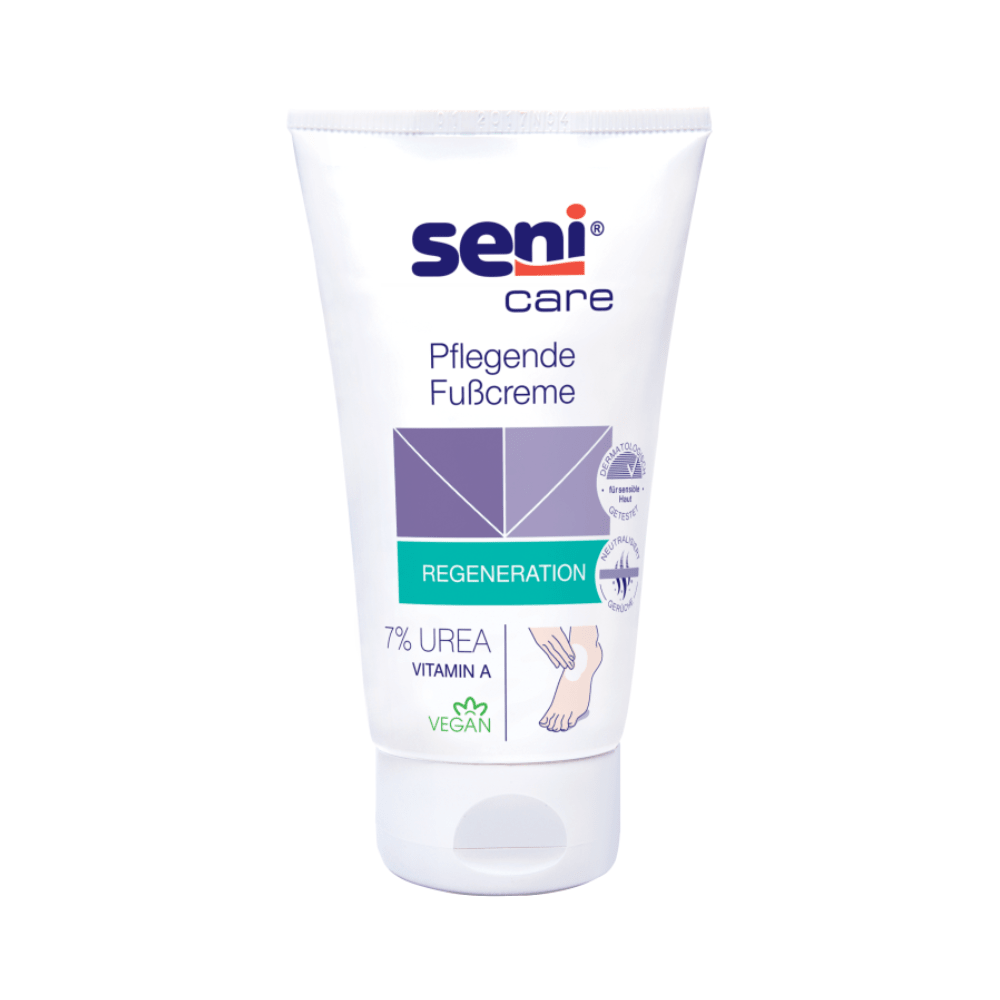 A 100 ml-es Seni Care ápoló lábkrém a TZMO Deutschland GmbH-tól 7% ureával, A-vitaminnal regenerálja a nedvességet, és vegán tanúsítvánnyal rendelkezik. A bőrgyógyászatilag igazolt csomagolás egy láb- és krémképet mutat.