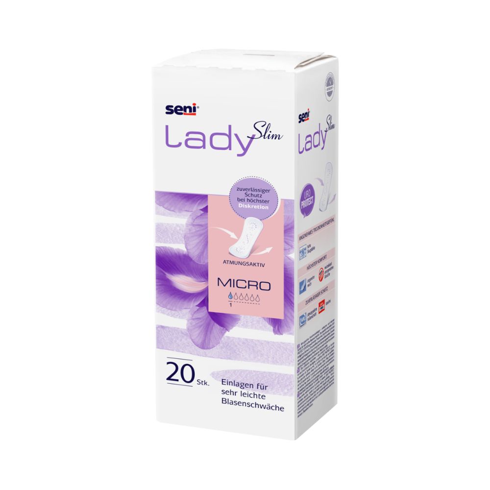 Egy fehér, téglalap alakú doboz kifutó termékkel: Seni Lady Slim Micro betét a TZMO Deutschland GmbH-tól, lila akcentussal, tollmintával és szöveggel. A csomag 20 betétet tartalmaz nagyon enyhe inkontinenciára.