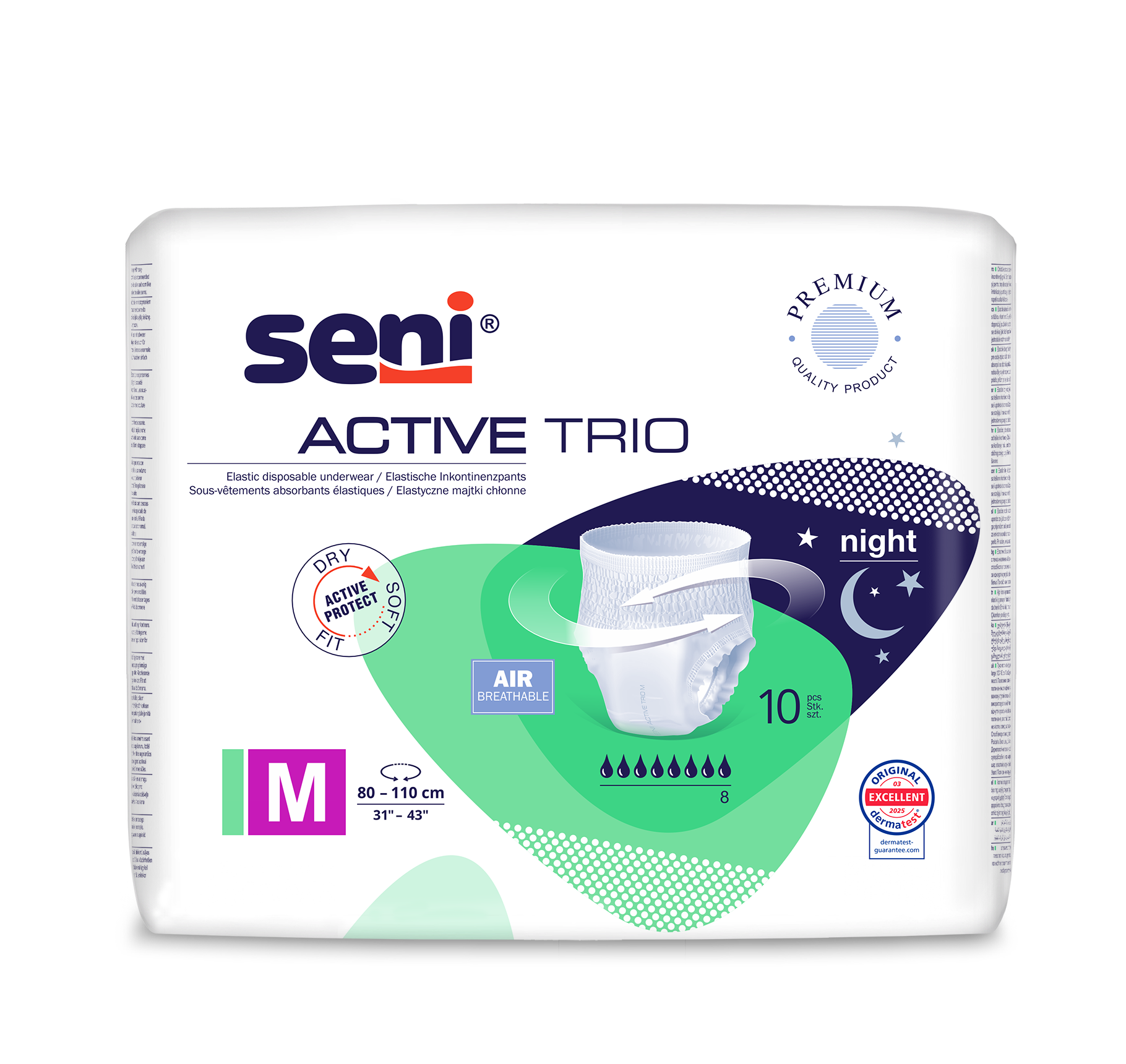 Eine Packung Seni Active Trio Inkontinenzhosen von TZMO Deutschland GmbH, Größe M (80-110 cm), für schwere Inkontinenz mit Nachtschutz. Die Verpackung zeigt das Produkt und hebt die Atmungsaktivität und die dermatologische Prüfung hervor.