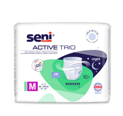 Eine Packung Seni Active Trio Inkontinenzhosen von TZMO Deutschland GmbH, Größe M (80-110 cm), für schwere Inkontinenz mit Nachtschutz. Die Verpackung zeigt das Produkt und hebt die Atmungsaktivität und die dermatologische Prüfung hervor.
