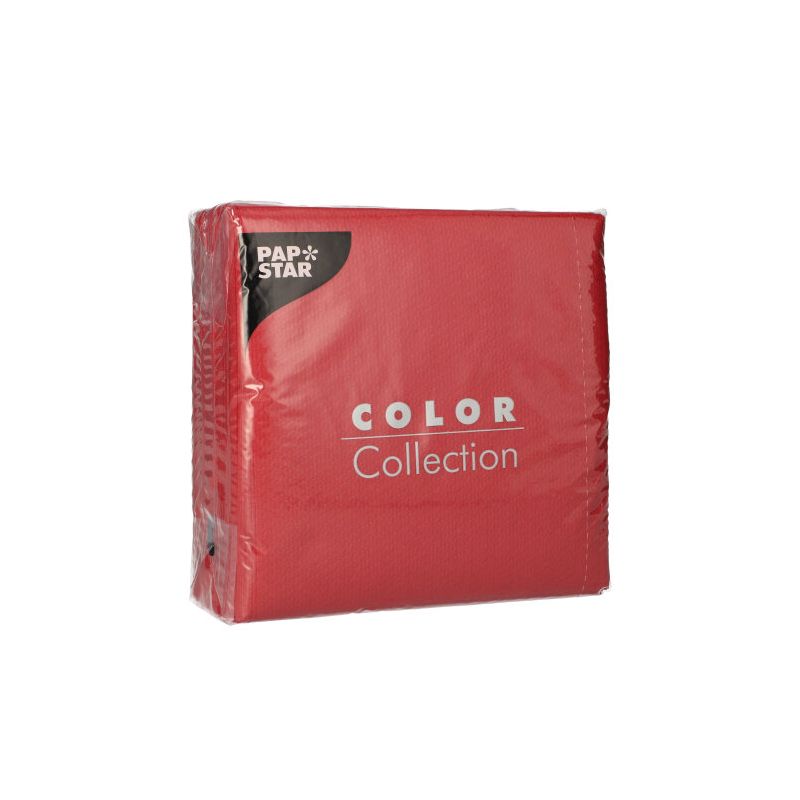 Egy lezárt csomag PAPSTAR 100 szalvéta, 1-rétegű 1/4-hajtás, 33 x 33 cm a PAPSTAR GmbH-tól, egyszerű fehér háttéren ábrázolva, fehér és fekete betűkkel az etiketten és a termékadatokkal.