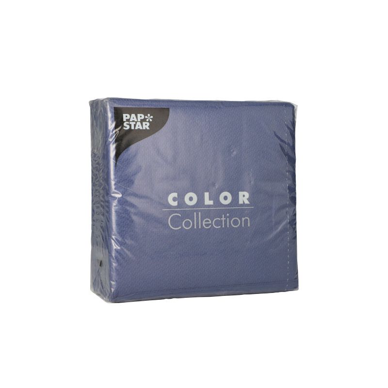 Egy lezárt csomag PAPSTAR 100 szalvéta, 1 rétegű, 1/4 hajtású, 33 x 33 cm a PAPSTAR GmbH-tól kék színben, függőlegesen állva fehér háttér előtt ábrázolva. A csomagolás elején található az FSC-tanúsítvány és a márkanév.