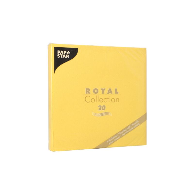 Kép egy sárga csomagról a „ROYAL Collection 20” felirattal és a PAPSTAR logóval a bal felső sarokban. A csomag 20 papírszalvétát tartalmaz, ideális egy elegáns asztaldíszítéshez.