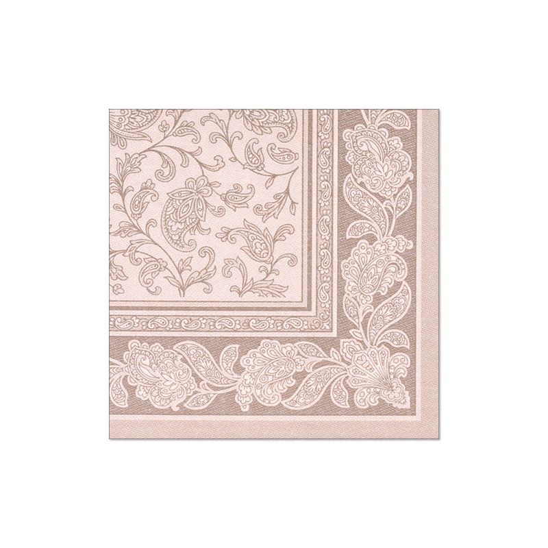 Die 1/4-Falz-Servietten „Ornaments“ der PAPSTAR „ROYAL Collection“ von PAPSTAR GmbH zeichnen sich durch ein quadratisches Muster mit aufwendigen Blumen- und Paisley-Motiven in Beige und Hellbraun aus. Der Rand zeigt ein detailreiches, sich wiederholendes Motiv, das das zentrale Blumenmuster hervorhebt und an die Eleganz von Premium-Tissue erinnert. Der Hintergrund ist in schlichtem Cremeweiß gehalten.