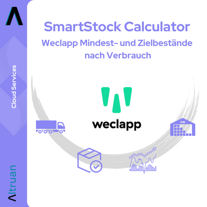 Logó és reklámgrafika az Altruan „SmartStock Calculator: Weclapp minimális és célkészletszámoló felhasználás alapján” alkalmazásához, egy teherautó, egy ajándékdoboz és egy diagram szimbólumaival, amelyek a készletkezelést jelképezik egy világos háttér előtt.