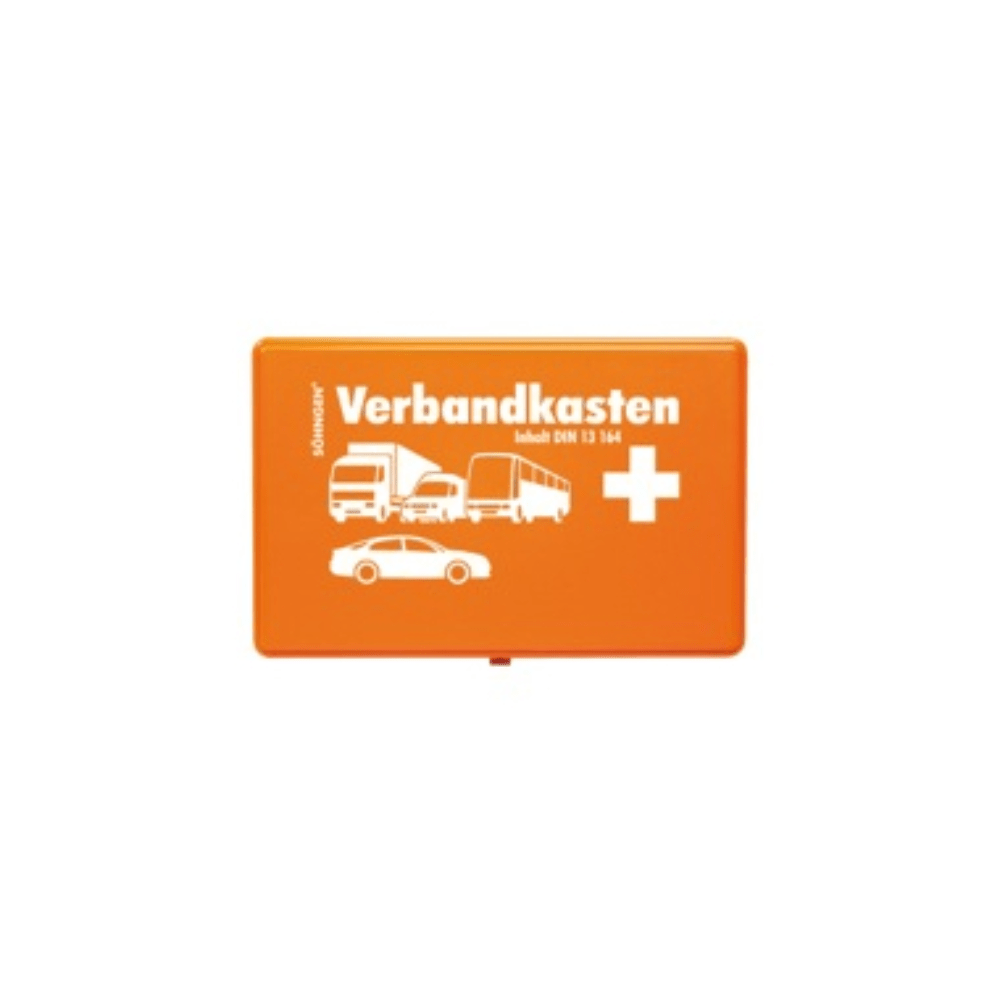 A Söhngen KFZ-Verbandkasten Orange a W. Söhngen GmbH töltetével fehér "Verbandkasten" felirattal, kereszt szimbólummal és jármű szimbólumokkal van ellátva a fedélen - tökéletes az elsősegélynyújtáshoz a DIN 13164 szerint. Csomag (1 darab).