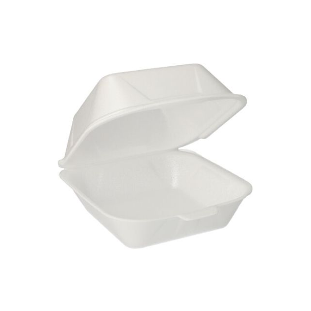 Egy egyszínű háttér előtt egy Starpak hamburgeres doboz látható, XPS-ből készült felnyitható fedéllel, 14,5 x 15,5 cm-es méretben, fehér színben. Az XPS anyag szigetelő hatást biztosít, miközben az üres doboz tágas belsejét mutatja.