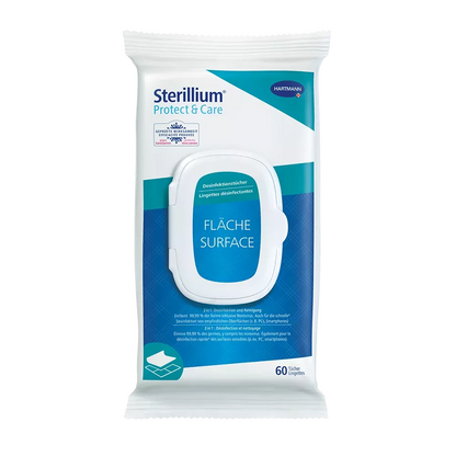 Egy csomag Hartmann Sterillium® Protect & Care fertőtlenítő kendő felületekhez Softpack. A fehér-kék csomagolás 60 kendőt tartalmaz és a Paul Hartmann AG logójával van ellátva. A csomagoláson található szöveg nagyrészt német nyelvű és azt mondja, hogy gyors fertőtlenítést biztosít érzékeny felületek számára.