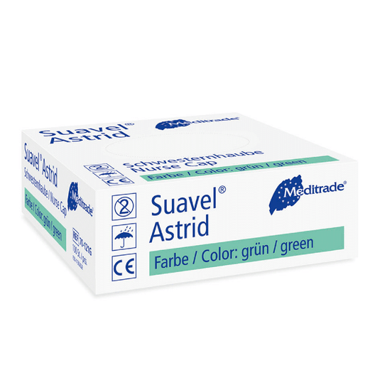 Egy doboz Meditrade Suavel® Astrid nővérsapka műtéti kesztyű a Meditrade GmbH-tól. A csomagolás túlnyomórészt fehér és kék, bár a szöveg szerint a kesztyű színe zöld. A szimbólumok jelzik, hogy a kesztyűk egyszer használatosak.