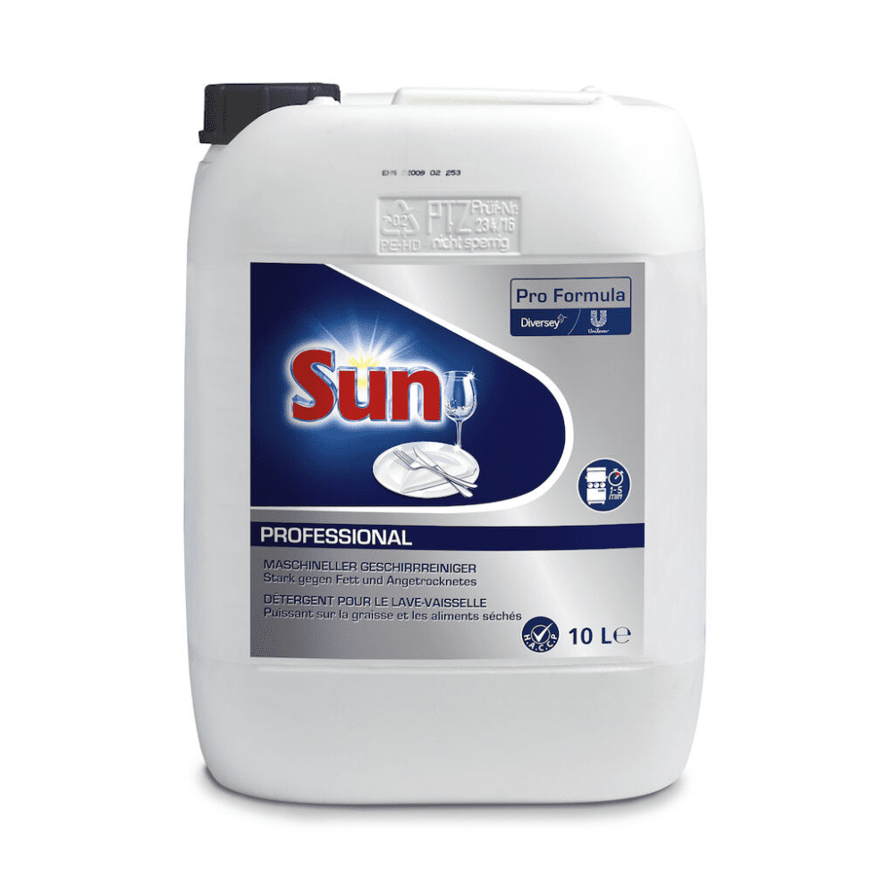 Egy nagy fehér tartály, kék címkével, piros-sárga betűkkel díszíti a „Sun” márkát. A Diversey Deutschland GmbH & Co. OHG „Sun Pro Formula Liquid” mosogatószere 10 literes űrtartalommal rendelkezik, és egy erőteljes zsíroldó formulát tartalmaz, amely mindig csíkmentes eredményt garantál.