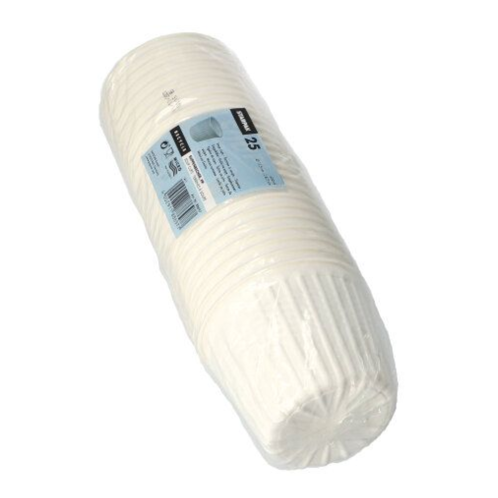 Egy Starpak 25 leveses pohár, PP "To Go" Ø 11,5 cm fehér átlátszó műanyagba csomagolva, kék címkével, termékinformációval és vonalkóddal.