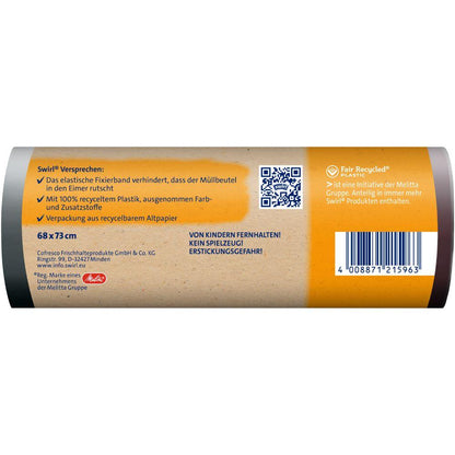 Egy tekercs Swirl rögzítőszalagos szemeteszsák 60 l Szakadásálló és zárható (10 zsák) a Melitta Europa GmbH & Co. KG-tól világosbarna német címkével rendelkezik, 100% újrahasznosított műanyagból készült, és rugalmas rögzítőszalaggal rendelkezik a biztonságos zárás érdekében.
