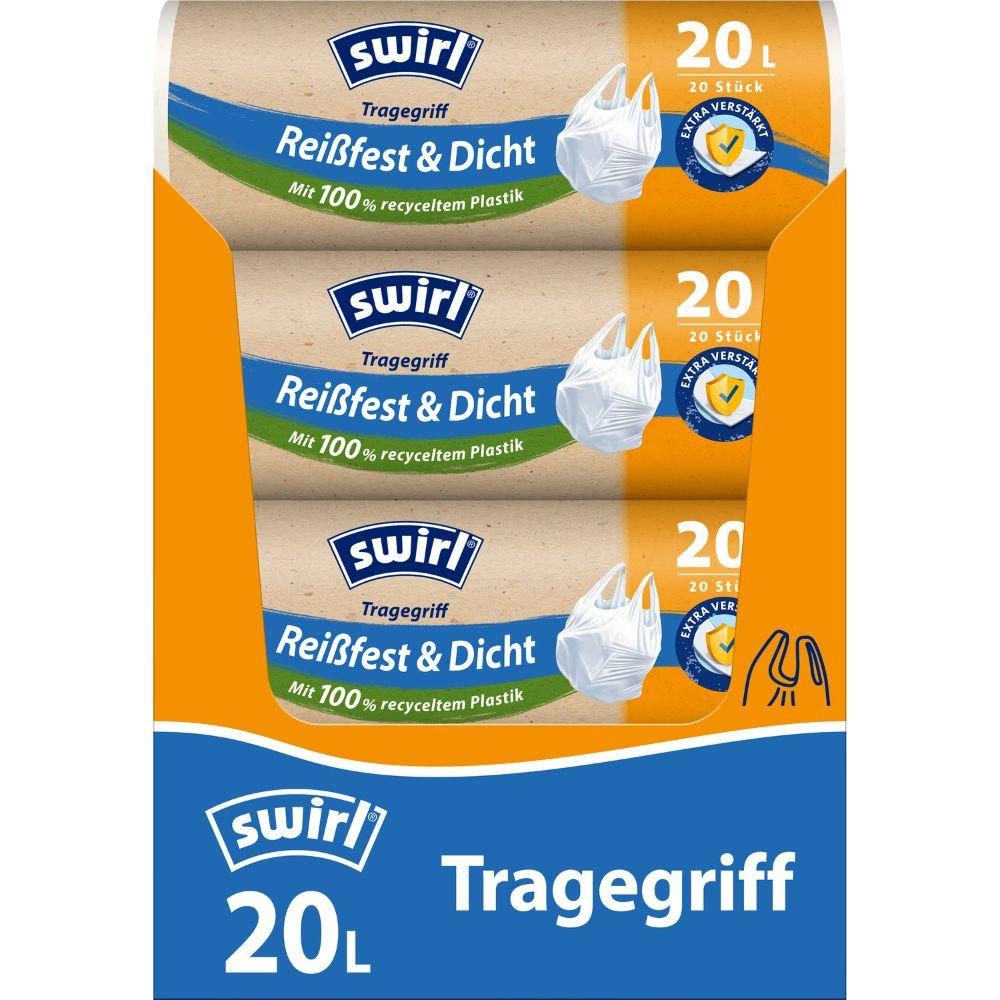 Drei Rollen Swirl Tragegriff-Müllbeutel 20l Reißfest & Dicht von Melitta Europa GmbH & Co. KG mit jeweils 20 Beuteln aus 100 % recyceltem Kunststoff werden in orange-blauen Packungen mit der Aufschrift „20 Stück“ und einem weißen Müllsack-Symbol geliefert.