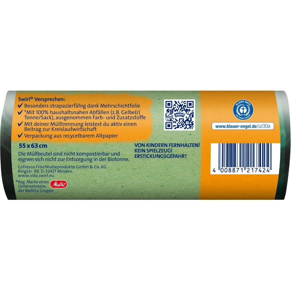 Eine Nahaufnahme des Rückenetiketts von Melittas Swirl Öko-Müllbeutel mit Zugband 35 l (12 Beutel) zeigt Produktversprechen, Gebrauchsanweisungen, einen QR-Code, einen Barcode und deutsche Sicherheitswarnungen auf einem grün-orangen Hintergrund.
