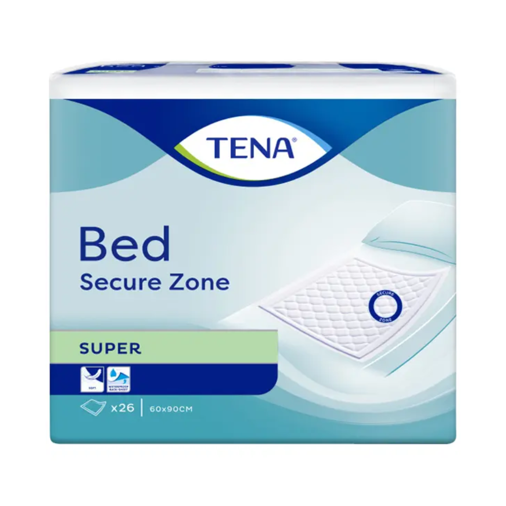 A TENA Bed Super ágyvédő alátétek csomagja a TENA – Essity Germany GmbH-tól nyugtató kék és fehér színekben van, és feltűnő ágyvédő képet mutat. Részletes termékinformációkat tartalmaz, mint a méretek (60 x 90 cm), és 26 darabos csomagban kapható. Kiemeli a szivárgás elleni védelmet és a szuperabszorbens mikrogolyókat az optimális inkontinencia-védő alátét ápolás érdekében.