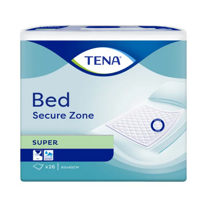 A TENA Bed Super ágyvédő alátétek csomagja a TENA – Essity Germany GmbH-tól nyugtató kék és fehér színekben van, és feltűnő ágyvédő képet mutat. Részletes termékinformációkat tartalmaz, mint a méretek (60 x 90 cm), és 26 darabos csomagban kapható. Kiemeli a szivárgás elleni védelmet és a szuperabszorbens mikrogolyókat az optimális inkontinencia-védő alátét ápolás érdekében.