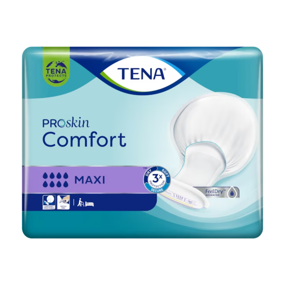 Csomagolás a TENA Comfort Maxi inkontinencia betétekhez, tartalma 34 darab. A dizájn kék-lila színsémát tartalmaz, a jobb oldalon egy kép az inkontinencia betétről, valamint szimbólumok, amelyek a nedvszívó képességet és a termékelőnyöket jelzik.