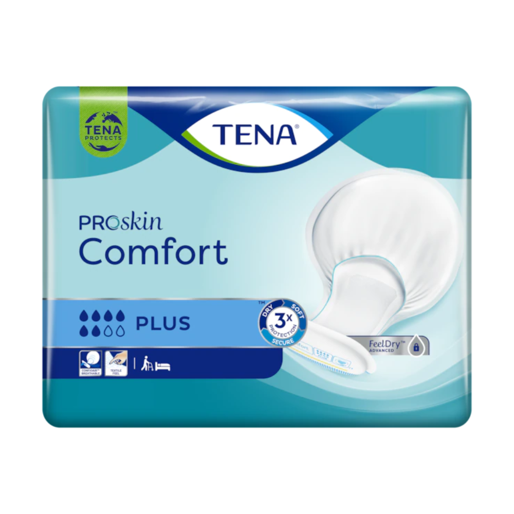 A TENA Comfort Plus inkontinencia betét | Csomag (46 darab), a TENA - Essity Germany GmbH által tervezve, stílusos kék-zöld csomagolással rendelkezik, amelyet a márka logója és a termék neve díszít. A kiemelt jellemzők, mint a „3x védelem”, „FeelDry” és „Szivárgás elleni védelem” hangsúlyosan ki vannak emelve, szimbólumokkal együtt, amelyek a nedvszívó képességet és a védelmi előnyöket mutatják.