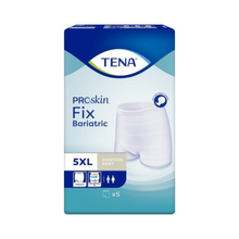 A TENA Fix Bariatric inkontinencia-rögzítő nadrágok csomagolása, 5XL méretben, a TENA - Essity Germany GmbH-tól egy dobozból áll, amelyen egy fehér, varrat nélküli nadrág képe látható, szimbólumokkal, amelyek jelzik uniszex és bariátriai alkalmasságát. Öt darab rögzítő nadrágot tartalmaz.