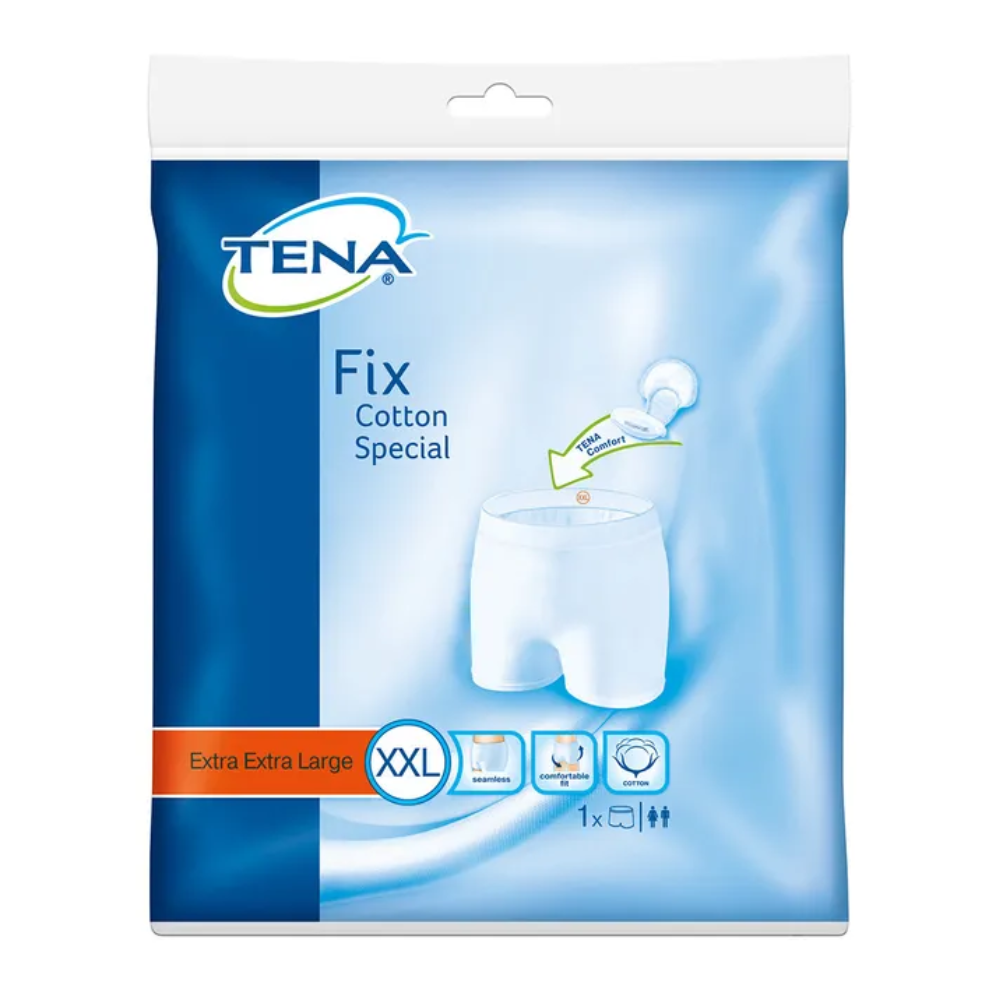Das Bild zeigt die Verpackung der TENA Fix Cotton Spezial Fixierhose in der Größe XXL. Die überwiegend blaue Verpackung zeigt ein Bild des Produkts, das wie ein weißes Höschen aussieht. Symbole zeigen an, dass es sich um Unisex handelt und in einer Einzelpackung geliefert wird. Diese wiederverwendbare Fixierhose ist ideal zum Sichern von Inkontinenzeinlagen.