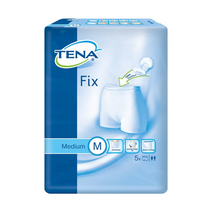 A TENA - Essity Germany GmbH kék-fehér TENA Fix inkontinencia-rögzítőnadrágok csomagolásának képe fehér alsónadrágokat mutat slip-stílusban a „Medium M” felirattal. A dizájn a moshatóságot, kényelmet és szivárgás elleni védelmet hangsúlyozza, és egy öt darabos készletre utal, amelyet maximális védelemre szabtak.