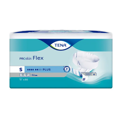 Die Verpackung der TENA Flex Plus Inkontinenzhose in Größe Small präsentiert sich in einem blau-weißen Design mit Windelbild, das die „Plus“-Saugfähigkeit, die FeelDry-Technologie und den Hüftbund für erhöhten Tragekomfort betont. Jede Packung enthält 30 Einheiten Inkontinenzvorlage der Marke TENA – Essity Germany GmbH.
