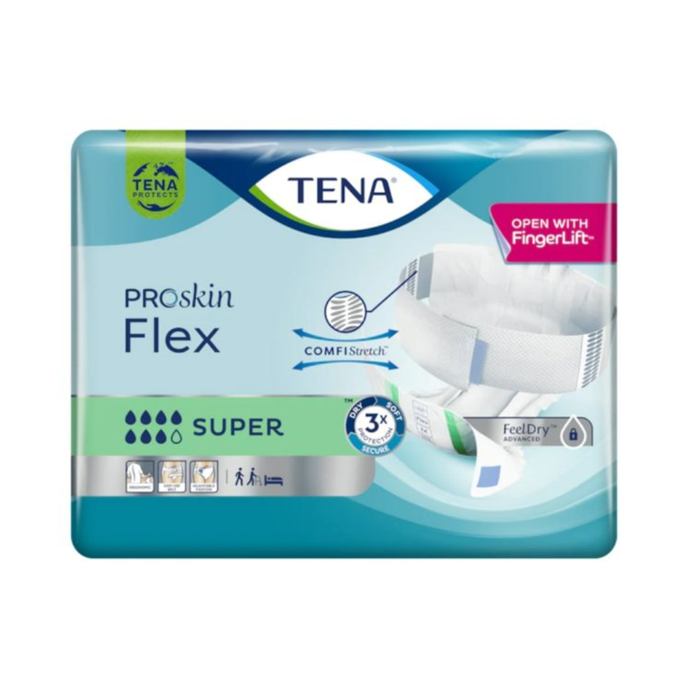 Egy csomag TENA Flex Super inkontinencia betét csípőpánttal a TENA - Essity Germany GmbH-tól, ComfiStretch és biztonságos csípőpánttal. A FeelDry technológiával felszerelt csomagolás szimbólumokat mutat, amelyek kiemelik a termék jellemzőit, és tartalmaz egy diagramot az inkontinencia betétről.