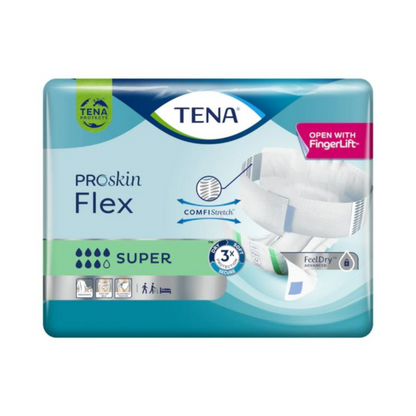 Egy csomag TENA Flex Super inkontinencia betét csípőpánttal a TENA - Essity Germany GmbH-tól, ComfiStretch és biztonságos csípőpánttal. A FeelDry technológiával felszerelt csomagolás szimbólumokat mutat, amelyek kiemelik a termék jellemzőit, és tartalmaz egy diagramot az inkontinencia betétről.