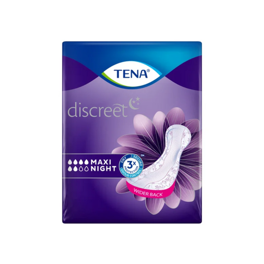 Das Bild zeigt eine Packung TENA Lady Discreet Maxi Night Inkontinenzeinlage | Packung (12 Stück). Die überwiegend violette Verpackung mit weißen und rosa Akzenten zeigt ein großes Blumendesign und ein Bild der Einlage. Sie hebt „breitere Rückseite“, „3x Schutz“ und die InstaDRY™ Technologie für starke Blasenschwäche hervor.