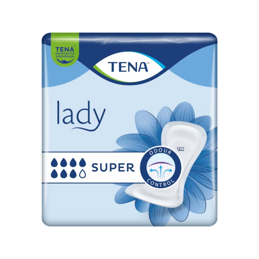 Bild einer TENA Lady Super Inkontinenzvorlage-Verpackung. Die Verpackung, überwiegend blau und weiß, zeigt oben das „TENA“-Logo und darunter „Lady“, „Super“ und „Odor Control“. Sie wurde für Blasenschwäche entwickelt und enthält ein Blumendesign und eine Bindenillustration.
