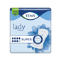 A TENA Lady Super inkontinenciabetét csomagolása | Csomag (30 darab) a TENA - Essity Germany GmbH kék-fehér színű. Jellegzetes elemek, mint a „Lady” és „SUPER” szavak, szívócseppek, egy virág grafika, valamint az „Odour Control” kifejezések teszik ideális választássá mindazok számára, akik a TENA Protects Program keretében megbízható inkontinenciavédelmet keresnek.