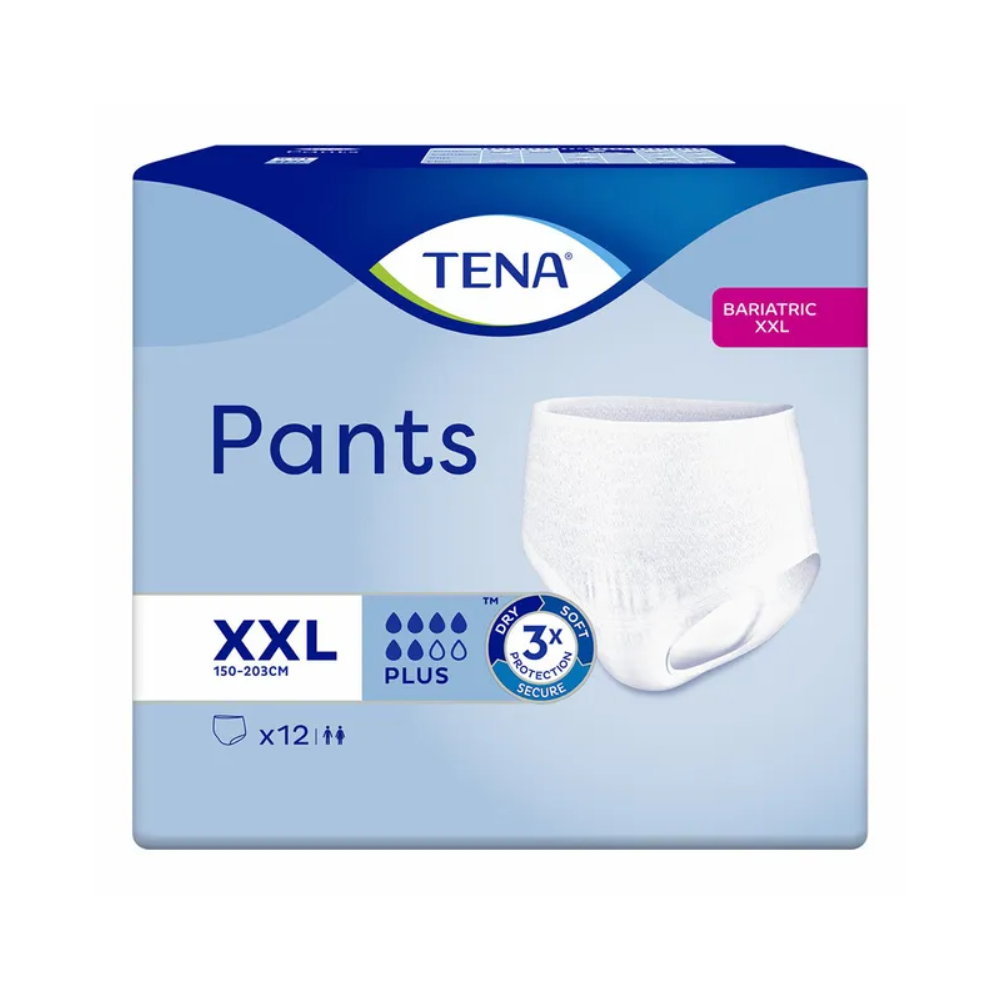 A TENA Pants Bariatric Plus inkontinencia nadrág csomagolása elhízott emberek számára XXL méretben kiemeli a bariátriai inkontinencia nadrágokat. A kék-fehér doboz bemutatja a termékképet, és hangsúlyozza a 3-szoros felszívóképességet, valamint a 150-203 cm derékméretre való illeszkedést, minden csomag 12 nadrágot tartalmaz.