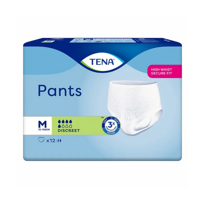 A kép TENA Pants Discreet inkontinencia nadrágot mutat, közepes méretben, 75-100 cm derékbőséghez illeszkedően. A csomagolás kék-fehér kialakítású, egy termékképpel, amely a „Diszkrét” és a „High Waist Secure Fit” jellemzőket hangsúlyozza. Ideális eldobható fehérnemű megoldás hólyaggyengeség esetén. 12 darabot tartalmaz. TENA – Essity Deutschland GmbH által gyártva.