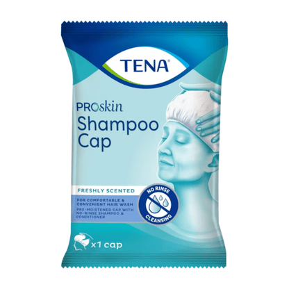 A TENA ProSkin Shampoo Cap mosósapka a TENA - Essity Germany GmbH-tól kék-fehér dizájnnal ellátott csomagolásban kerül bemutatásra, amelyen egy személy látható, aki ezt az eldobható sapkát használja. A szöveg hangsúlyozza a „Friss illatú”, „Öblítés nélküli tisztítás” és tartalmazza mind a „Sampont, mind a balzsamot”. Tartalmaz egy sapkát.