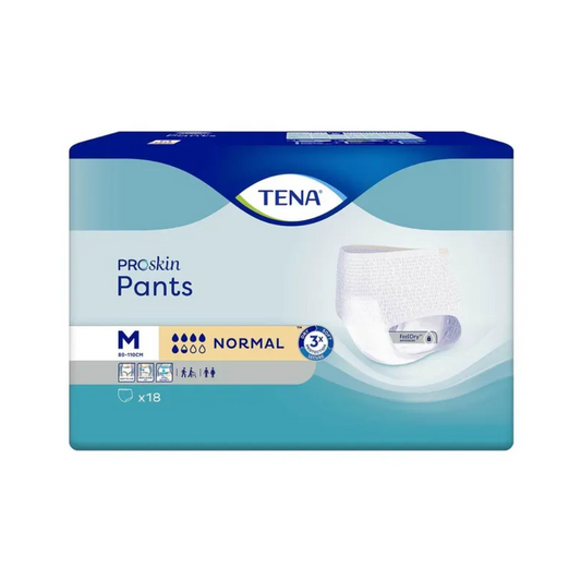 Bild einer Packung TENA Proskin Pants Normal Inkontinenzhosen. Die blau-grüne Packung trägt oben das TENA-Logo und weist darauf hin, dass es sich um ein Produkt in Größe M (mittel) mit normaler Saugfähigkeit handelt. Die Packung wurde für Personen mit Blasenschwäche entwickelt, enthält 18 Inkontinenzhosen und verfügt über ein 3-Sicherheitssystem zum Schutz.
