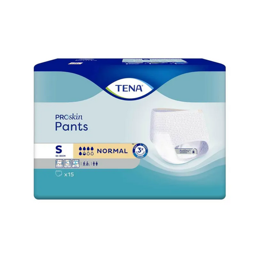 Verpackung der TENA Proskin Pants Normal Inkontinenzhose in kleiner Größe mit einem Umfang von 66-85 cm Taille, gekennzeichnet als „Normal“ für Saugstärke. Die Verpackung ist blau-weiß gestaltet und enthält auf der Vorderseite ein Bild des Pants-Produkts. Enthält 15 Pants, ideal zur Behandlung von Blasenschwäche.