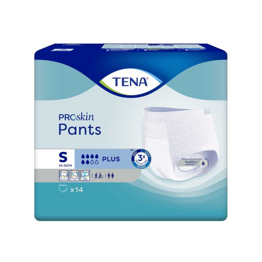 Bild einer Packung TENA ProSkin Pants Plus Inkontinenzhosen. Die kleine Größe (S) ist für Taillen von 65-85 cm ausgelegt und bietet Saugfähigkeit auf Plus-Niveau. Sie enthält 14 Inkontinenzhosen pro Packung und verfügt über Funktionen wie FeelDry und einen integrierten Hüftbund, ideal für die effektive Behandlung von Blasenschwäche.
