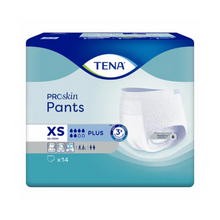 Die Verpackung der TENA Proskin Pants Plus Inkontinenzhosen in Größe XS hebt Features wie FeelDry Advanced und feuchtigkeitsreduzierende Technologie hervor. Die blau-weiße Verpackung mit der Marke TENA – Essity Germany GmbH zeigt ein Bild der Inkontinenzhosen und enthält 14 Stück.