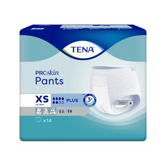Bild der Verpackung von TENA ProSkin Pants. Diese TENA ProSkin Pants Plus Inkontinenzhose ist als XS-Größe für Taillenumfang 50-70 cm gekennzeichnet und mit „Plus“ für Saugfähigkeit bewertet. Sie wirbt mit „FeelDry“-Technologie und Schutz für drei Körperbereiche, ideal bei Blasenschwäche. Die Packung enthält 14 Hosen, abgebildet mit Illustrationen.